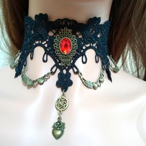 Midnight Rose Gothic Lace Choker with Crimson Jewel
